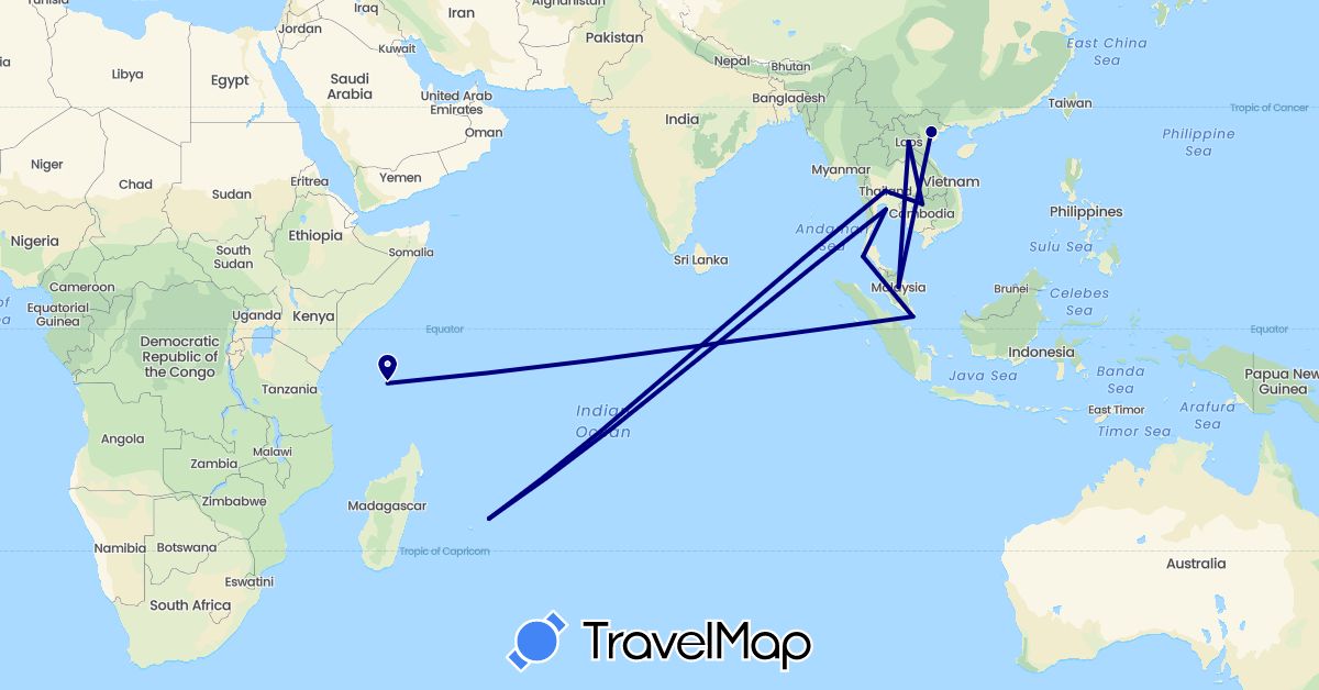 TravelMap itinerary: driving in Cambodia, Laos, Mauritius, Malaysia, Singapore, Thailand, Vietnam (Africa, Asia)